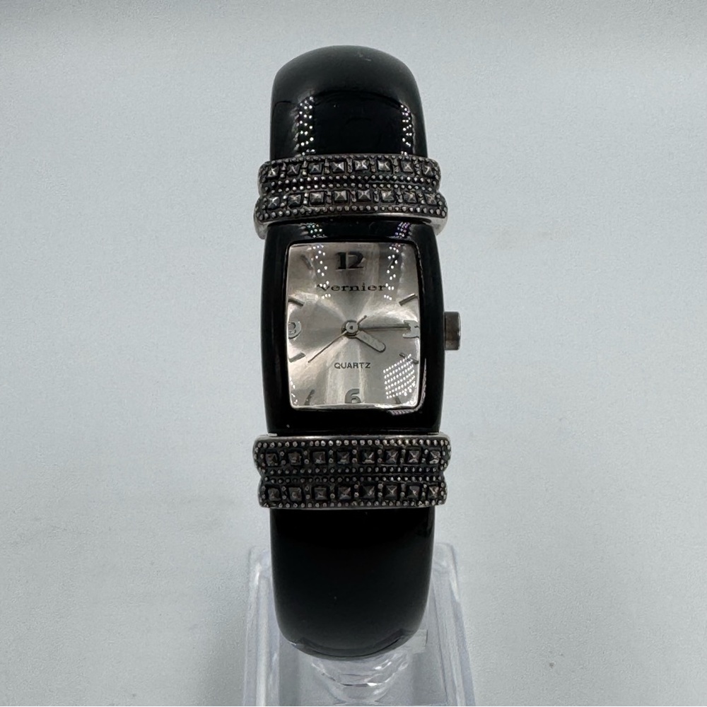 Vernier Black & Silver Ladies Watch Spring Closure Open Back Bangle Style Works